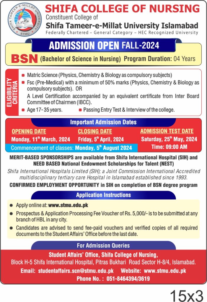 Admissions Open Bachelor Of Science In Nursing Shifa Tameer E