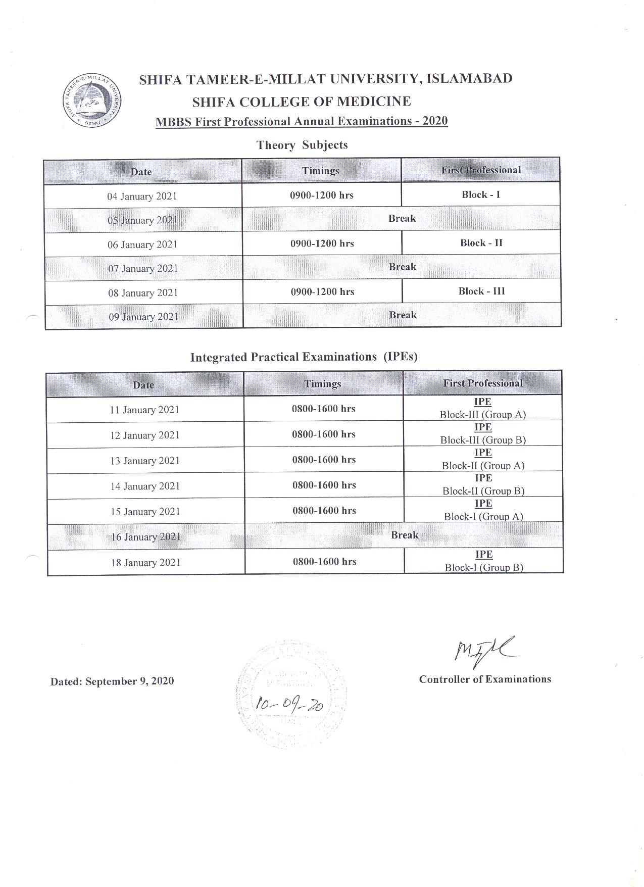 Date Sheets Shifa TameereMillat University